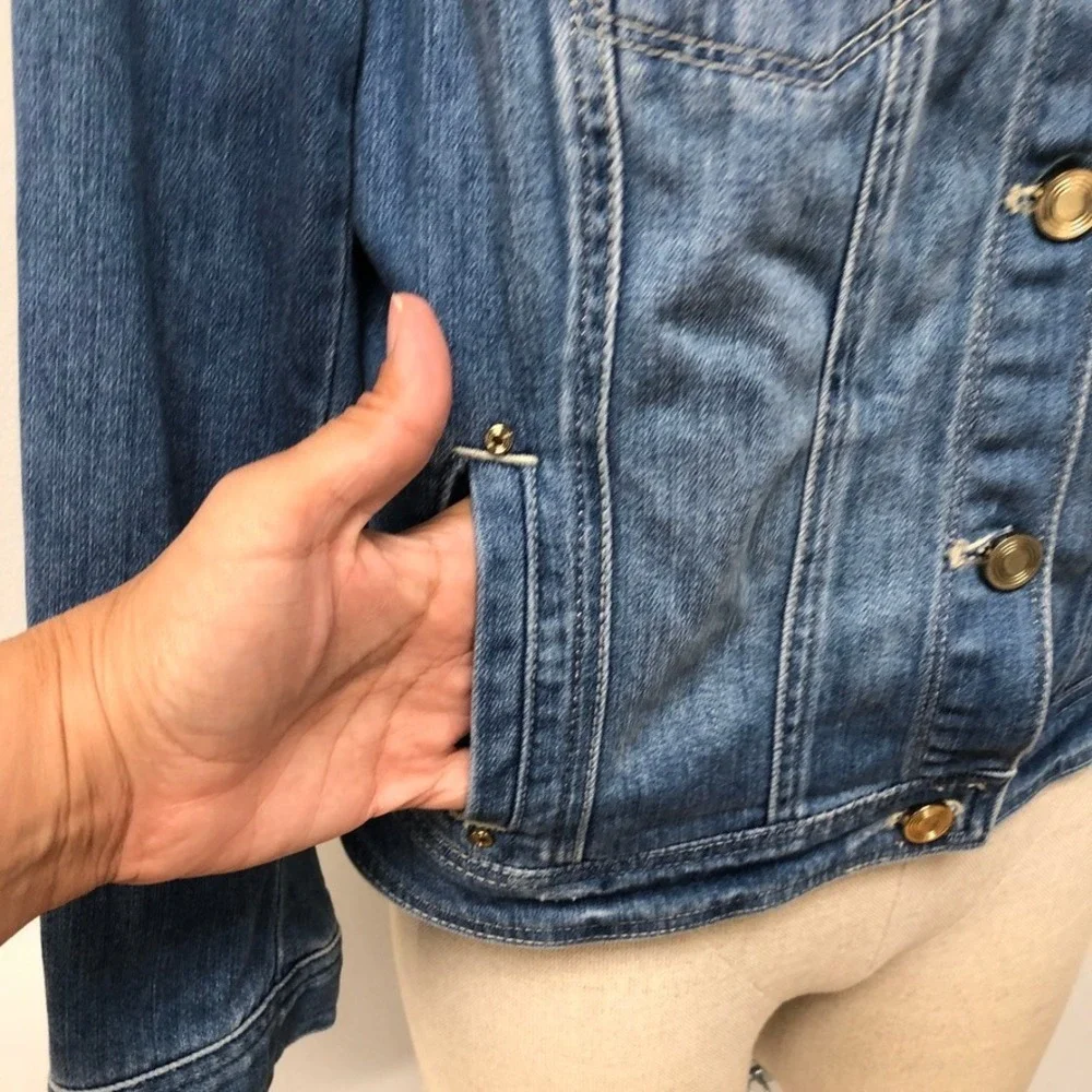 White House Black Market Denim Jacket Womens 10 Blue Distressed Gold Buttons